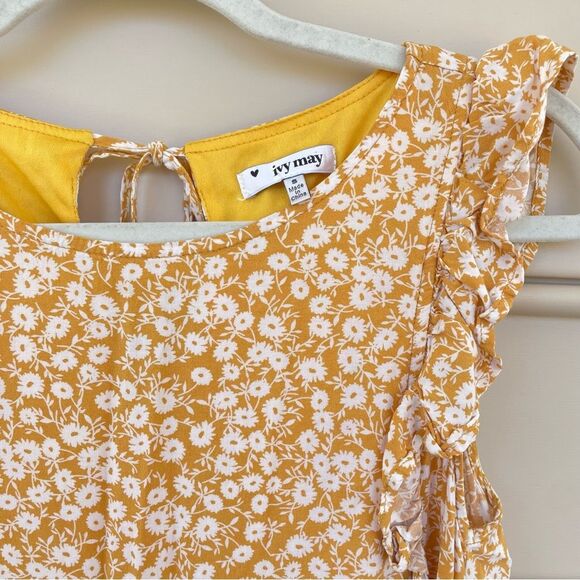 Ivy May Yellow Ruffled Top with White Floral Print Small - Picture 2 of 6